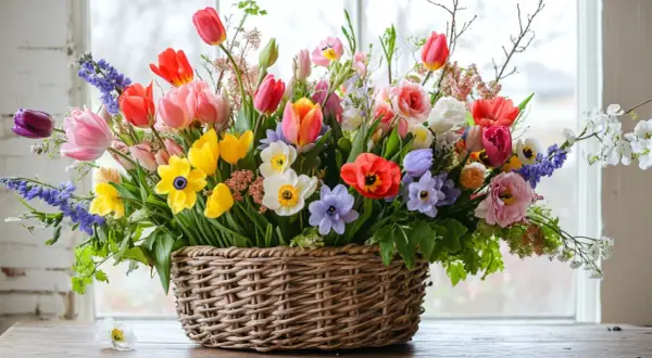 Panier débordant de tulipes, jonquilles et autres fleurs printanières, une parfaite fleur du mois d'avril.