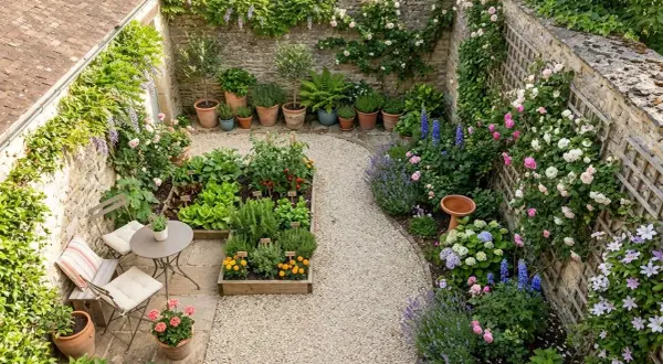 Un charmant aménagement extérieur avec un potager, des roses grimpantes, de la lavande et un coin salon.