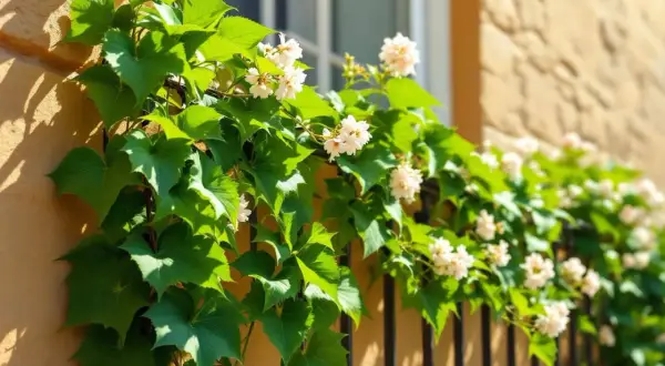 Des plantes grimpantes aux feuilles vertes luxuriantes et aux petites fleurs blanches s'épanouissent le long d'un mur ensoleillé.