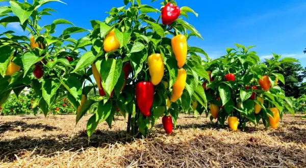 Une plantation de poivrons rouges et jaunes mûrs sous un ciel bleu éclatant. Les plants sont recouverts de fruits colorés, prêts à être récoltés.