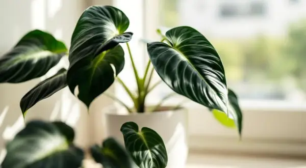 Une alocasia luxuriante, aux grandes feuilles vert foncé veinées, prospère en hydroponie près d'une fenêtre ensoleillée.