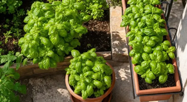 Un pot de basilic frais, prêt pour l'entretien, prospère aux côtés d'autres herbes aromatiques.