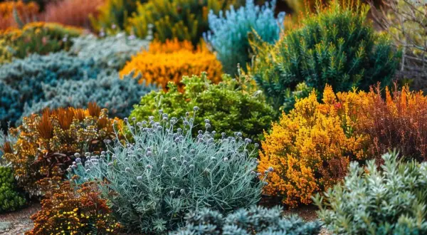 Un jardin luxuriant de plantes plein soleil sans arrosage, aux teintes vibrantes d'orange, jaune, vert et bleu, prospère sous le soleil.