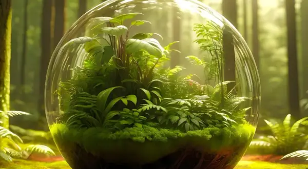 Un écosystème miniature dans une sphère de verre, parfait pour faire un terrarium. Des plantes luxuriantes et de la mousse créent un monde verdoyant.