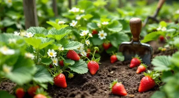 Un champ de fraises mûres, une variété de fraise parfaite pour la récolte, avec une petite pelle à proximité.