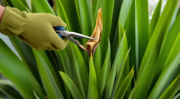 Main verte tenant des ciseaux pour tailler un yucca, retirant une feuille sèche.