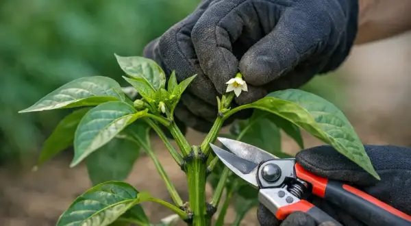 Main d'un jardinier en gant noir taillant une jeune pousse de poivron, observant la taille des poivrons pour une meilleure croissance.