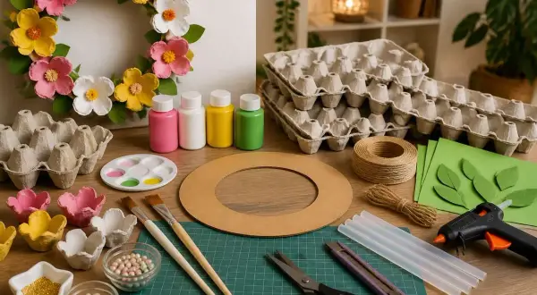 Matériel pour un diy couronne de fleurs : carton d'œufs, peinture, ciseaux, colle chaude, ficelle, et fleurs en papier.
