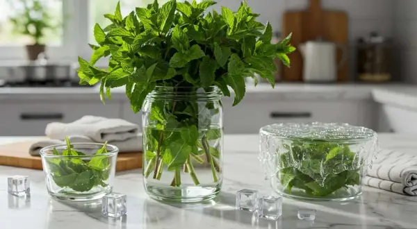 Des bouquets de menthe fraîche dans des bocaux en verre, prêts à être utilisés. Idéal pour savoir que faire avec de la menthe fraîche.