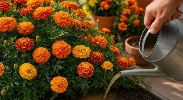 Un arrosoir verse de l'eau sur un parterre de fleurs de œillet orange vif, les faisant prospérer.