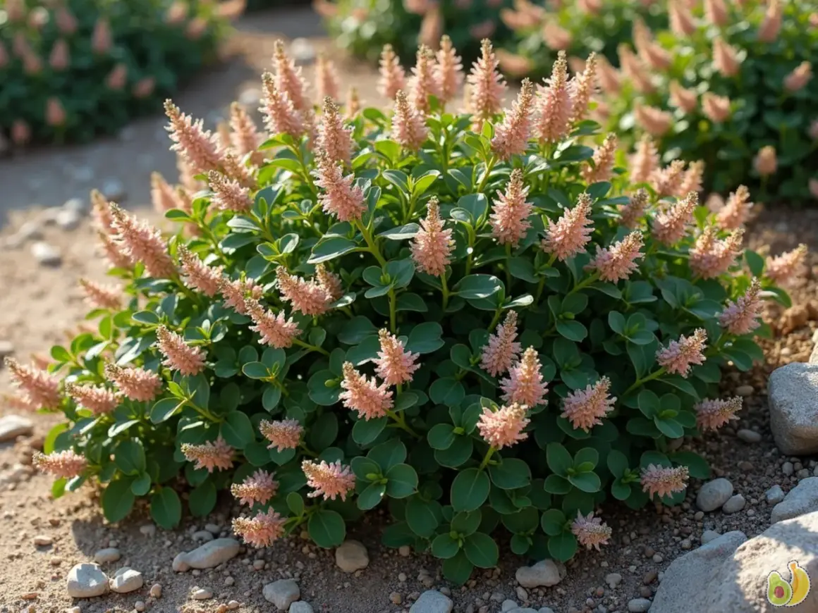 Un buisson de ceanothe rampant aux fleurs roses pâles, avec des feuilles vertes foncées et un sol caillouteux.