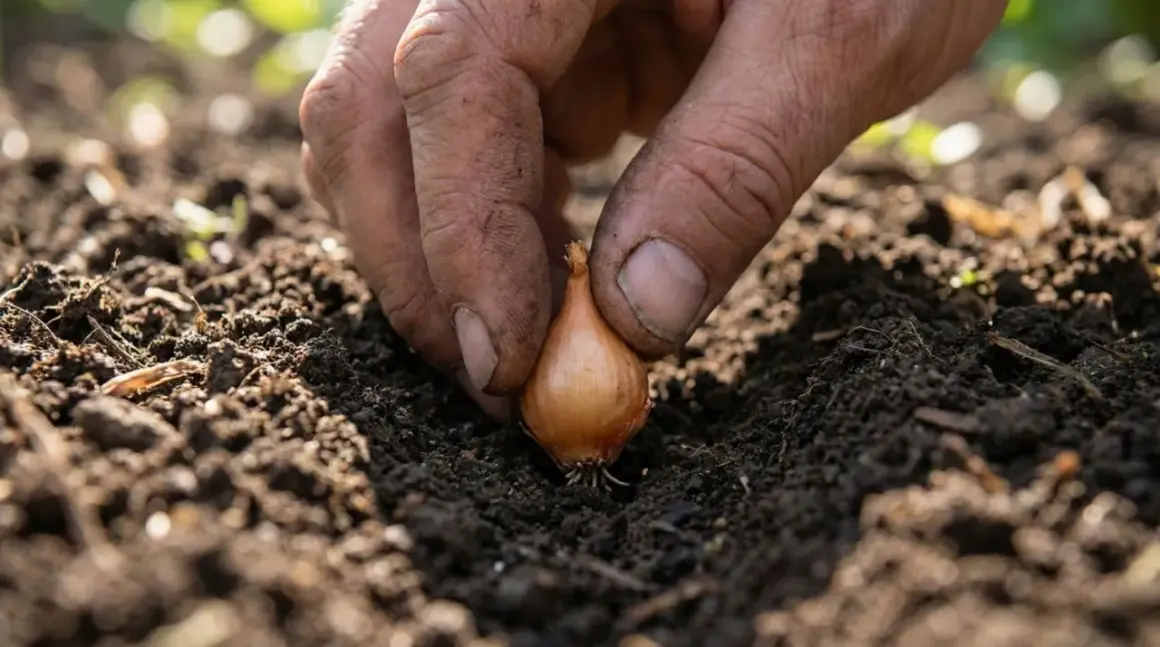Main d'un jardinier plantant un bulbe d'oignon dans la terre. Début de la plantation oignon pour une récolte future.