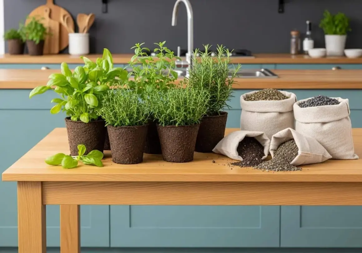 Plantes aromatiques en pots et sacs de terreau sur une table en bois. Quel terreau pour plantes aromatiques ? Le bon choix pour un jardin savoureux.