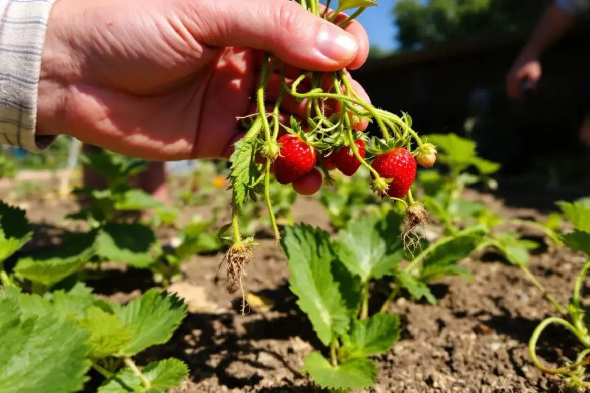 Main d'une personne tenant une grappe de fraises fraîchement cueillies, avec un champ de fraisiers en arrière-plan.
