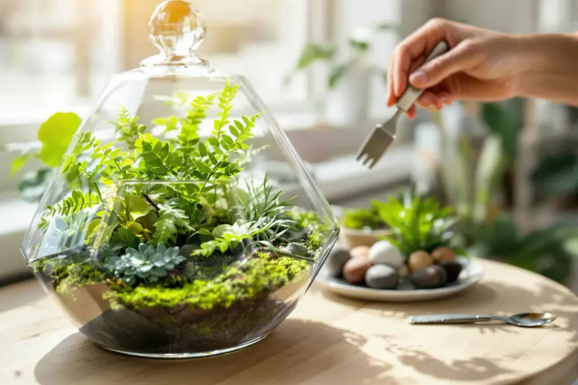 Un terrarium abrite une **plante d'intérieur et d'extérieur** luxuriante, entretenue avec soin par une main tenant une petite fourche.