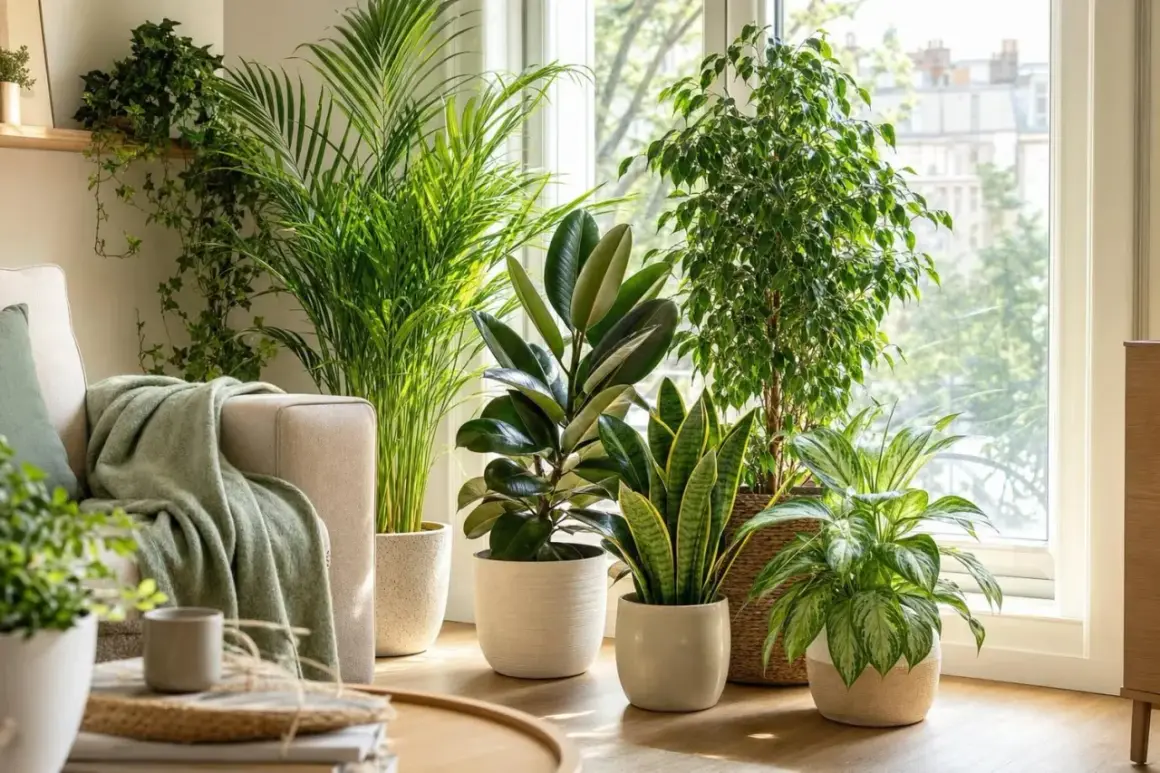Un salon lumineux avec plusieurs plantes d'intérieur luxuriantes, dont un ficus et un caoutchouc, créant une ambiance tropicale. Chaque plante d'intérieur qui aime la chaleur prospère près de la fenêtre.