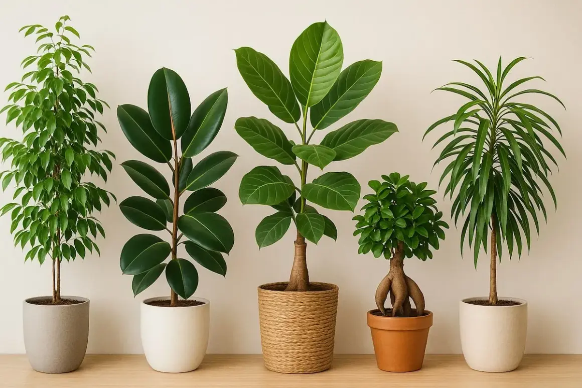 Cinq plantes d'intérieur aux feuillages variés, présentées sur un fond clair.