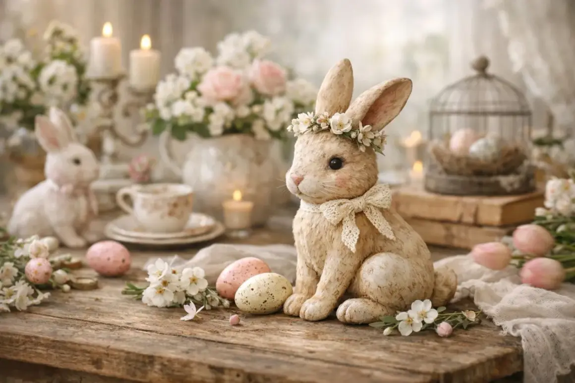 Lapins, œufs et fleurs composent une scène de Pâques charmante. Une belle idée déco pour Pâques, pleine de douceur.