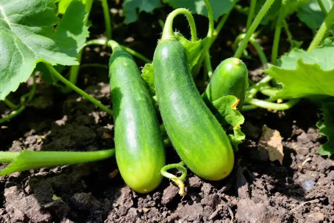Trois jeunes concombres verts poussent sur un plant de concombre, prêts à être récoltés.