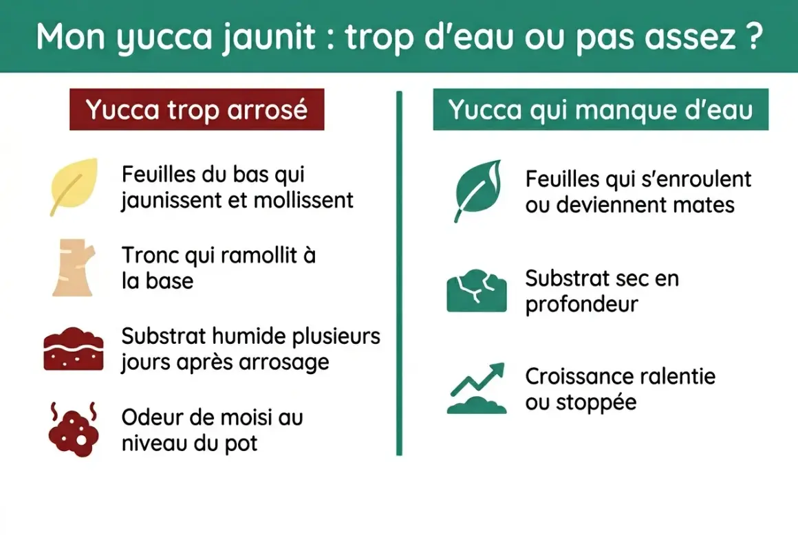 Mon yucca jaunit : feuilles molles, tronc mou, substrat humide, odeur de moisi. C'est un yucca trop arrosé.