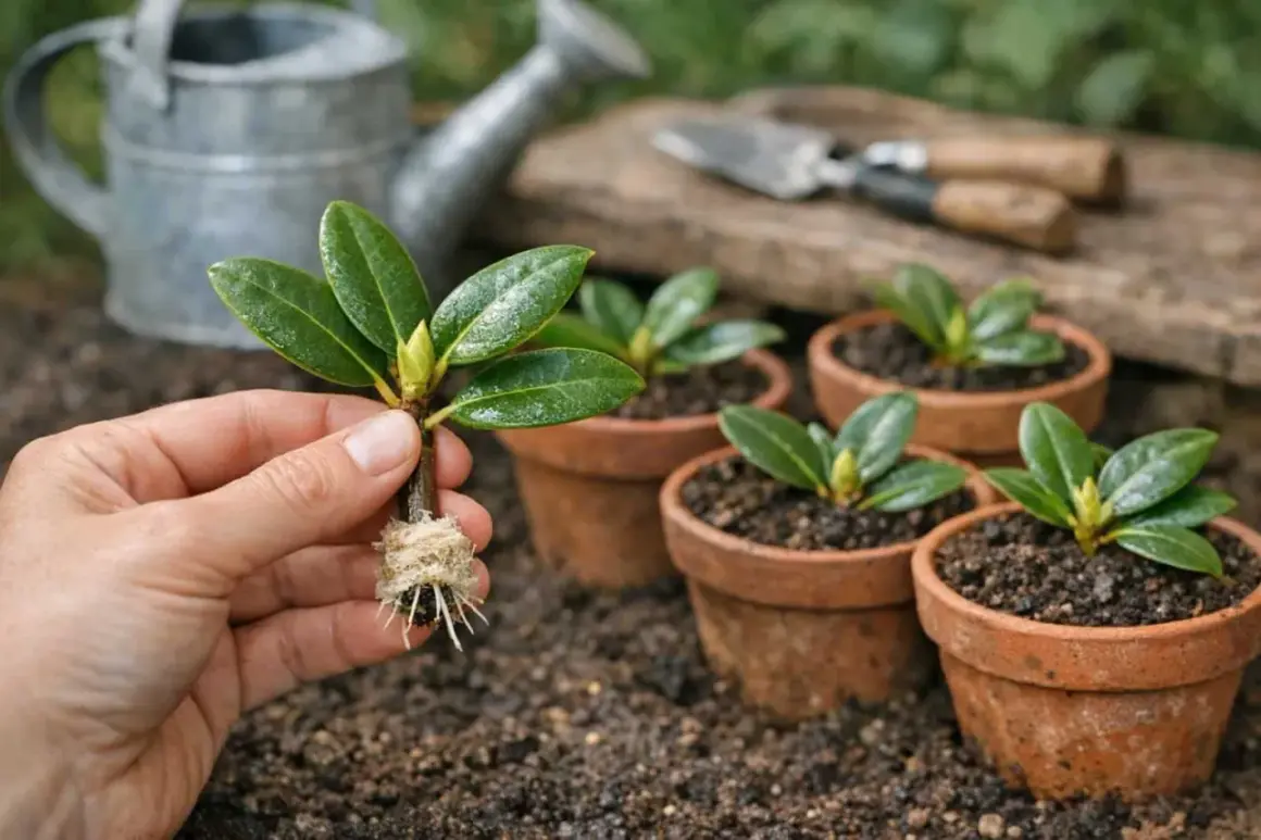 Une main tient un jeune rhododendron prêt à être planté. Des pots en terre cuite remplis de terre et un arrosoir sont visibles en arrière-plan, illustrant comment planter un rhododendron.