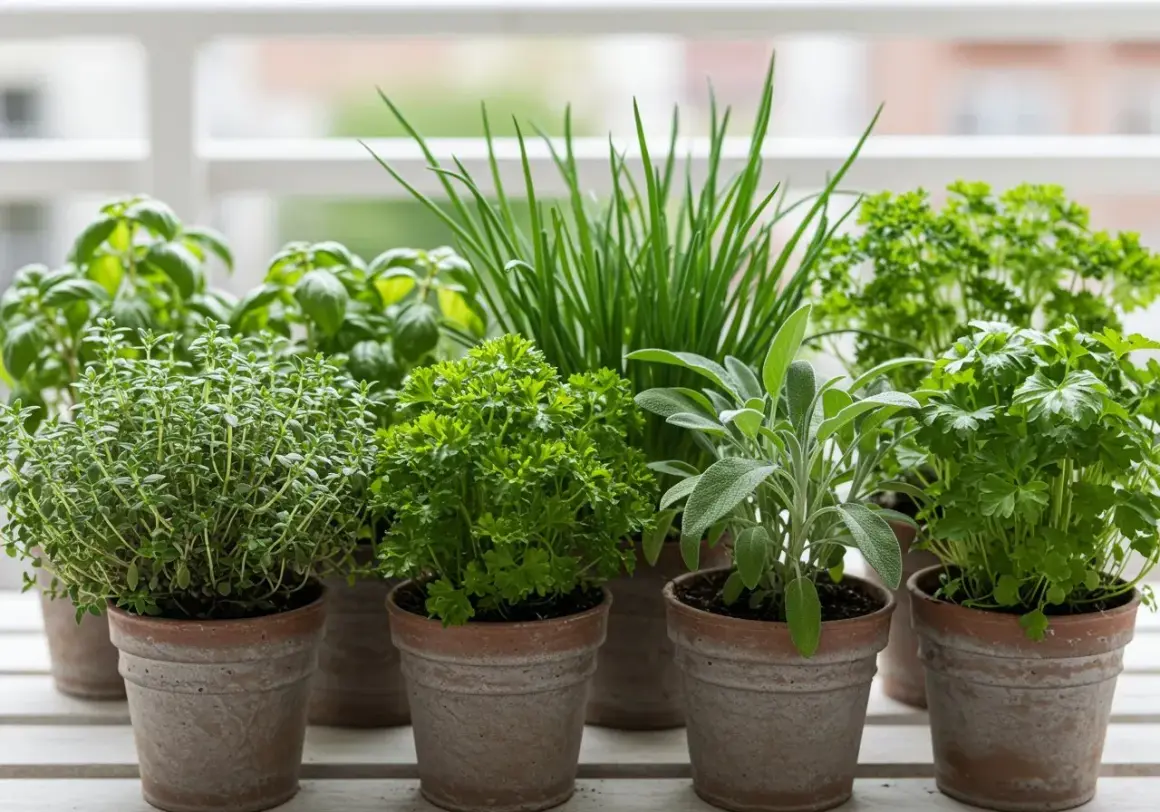 Un assortiment de plantes aromatiques en pots : thym, persil, ciboulette, sauge, basilic. Idéal pour savoir quelles plantes aromatiques planter ensemble.