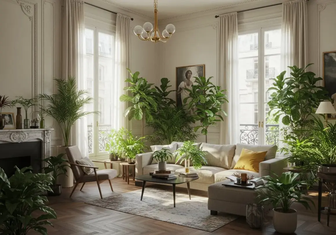 Salon parisien baigné de lumière, orné de nombreuses plantes d'intérieur luxuriantes. Un canapé confortable, une cheminée et des fenêtres donnant sur la ville.