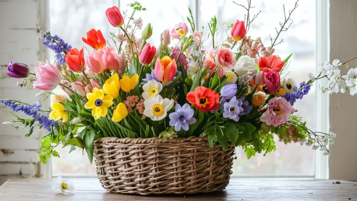 Panier débordant de tulipes, jonquilles et autres fleurs printanières, une parfaite fleur du mois d'avril.