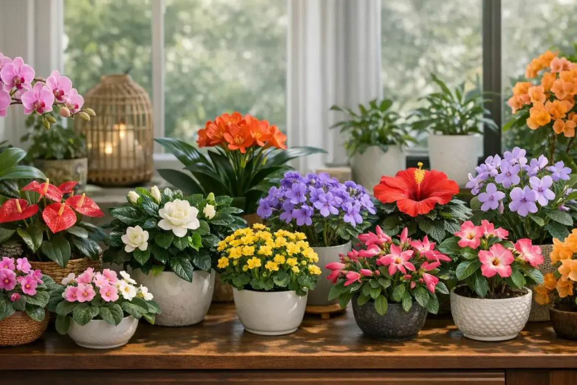 Un joyeux bouquet de fleur interieur aux couleurs vives : orchidées roses, anthuriums rouges, gardénias blancs, et des fleurs violettes, jaunes, roses et oranges éclatantes.