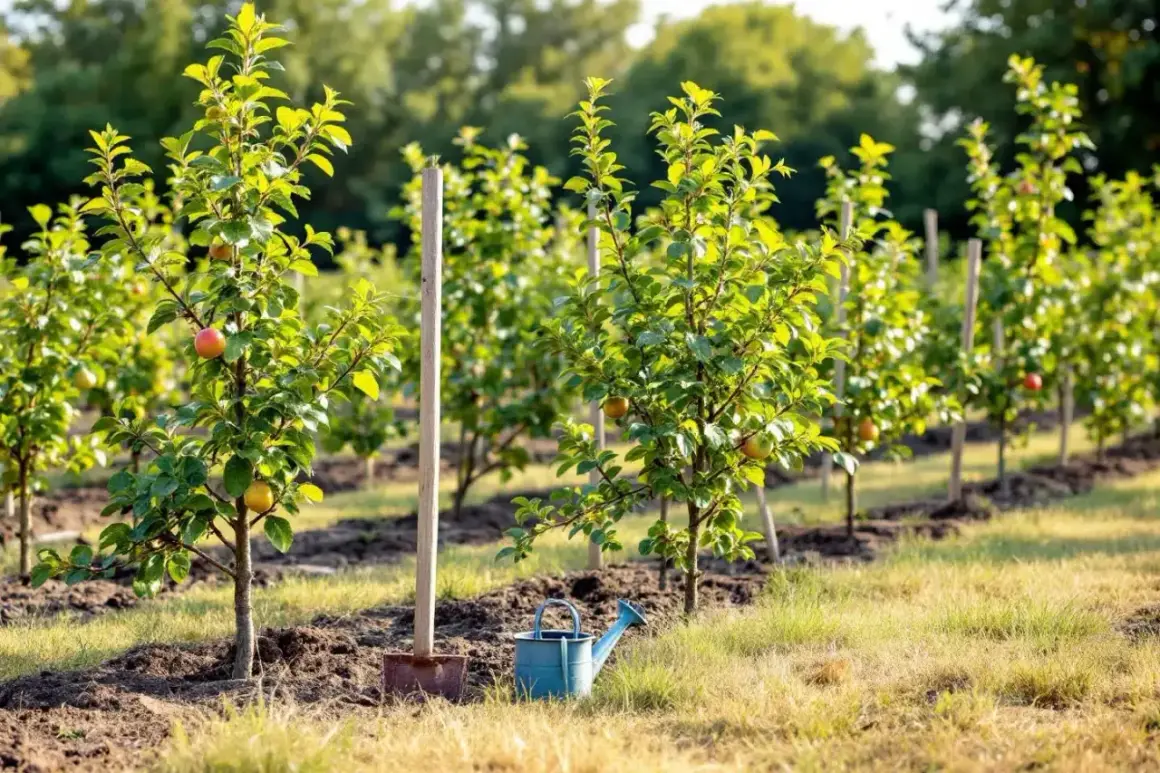 Jeunes arbres fruitiers alignés, certains portant des fruits rouges et jaunes. Un arrosoir bleu et une pelle sont posés près du collet d'un arbre.