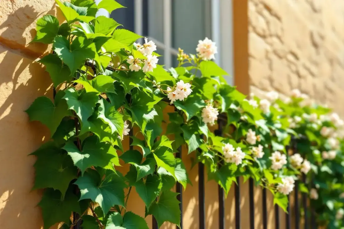 Des plantes grimpantes aux feuilles vertes luxuriantes et aux petites fleurs blanches s'épanouissent le long d'un mur ensoleillé.