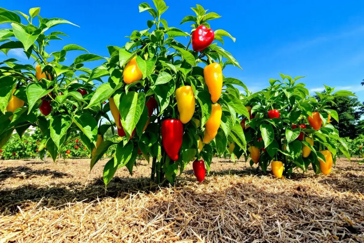 Une plantation de poivrons rouges et jaunes mûrs sous un ciel bleu éclatant. Les plants sont recouverts de fruits colorés, prêts à être récoltés.