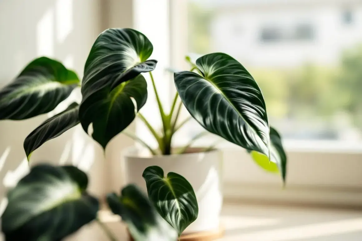 Une alocasia luxuriante, aux grandes feuilles vert foncé veinées, prospère en hydroponie près d'une fenêtre ensoleillée.