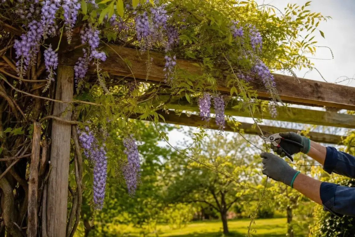 Grappes de glycine violette tombant d'une pergola en bois, mains gantées taillant une branche.
