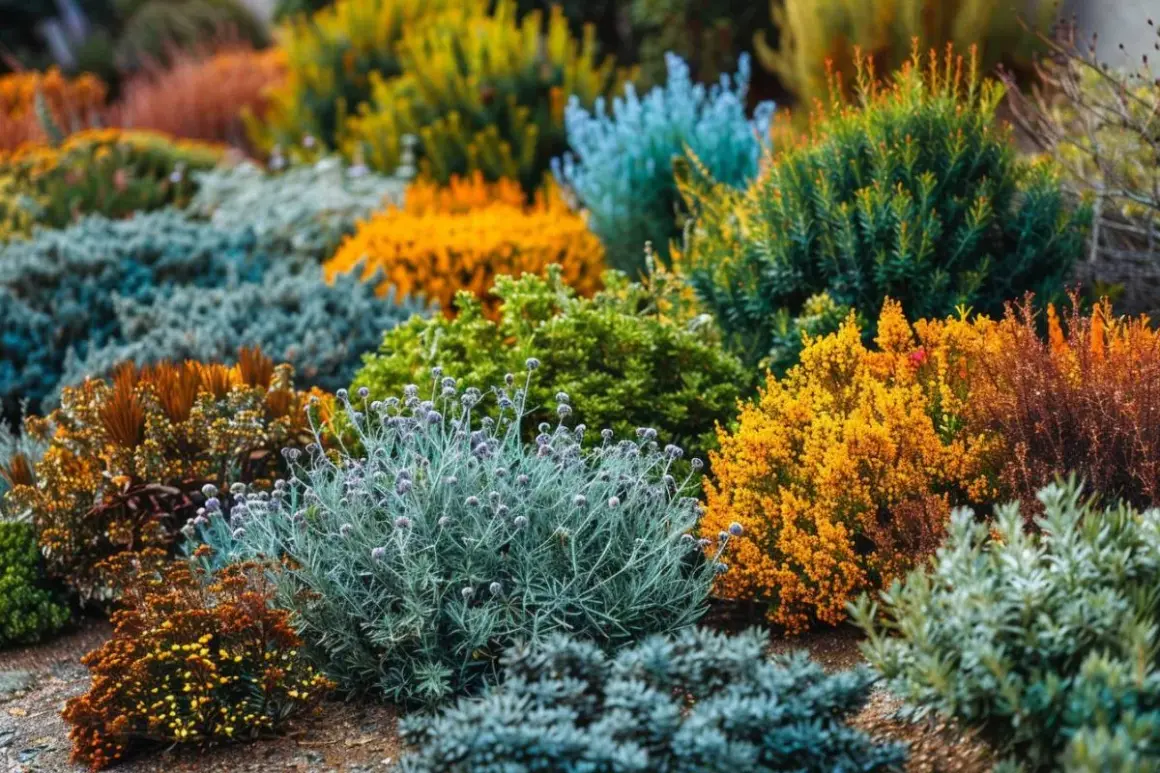 Un jardin luxuriant de plantes plein soleil sans arrosage, aux teintes vibrantes d'orange, jaune, vert et bleu, prospère sous le soleil.