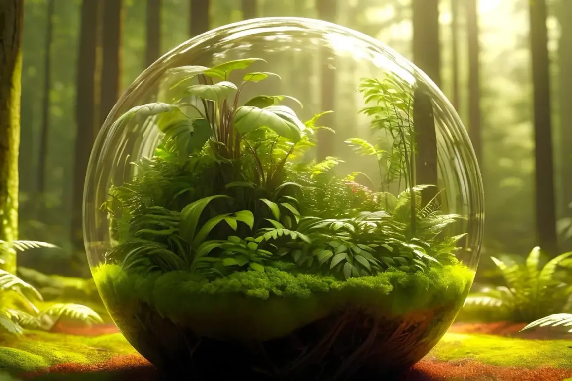 Un écosystème miniature dans une sphère de verre, parfait pour faire un terrarium. Des plantes luxuriantes et de la mousse créent un monde verdoyant.