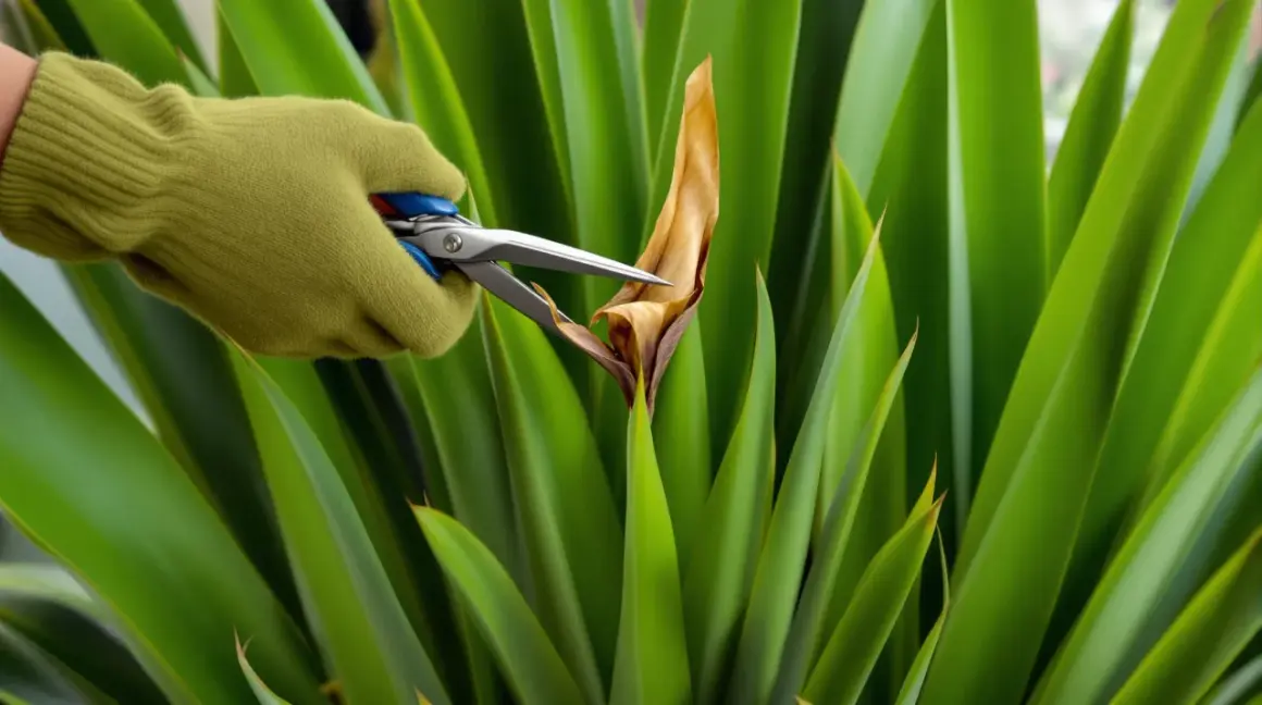 Main verte tenant des ciseaux pour tailler un yucca, retirant une feuille sèche.