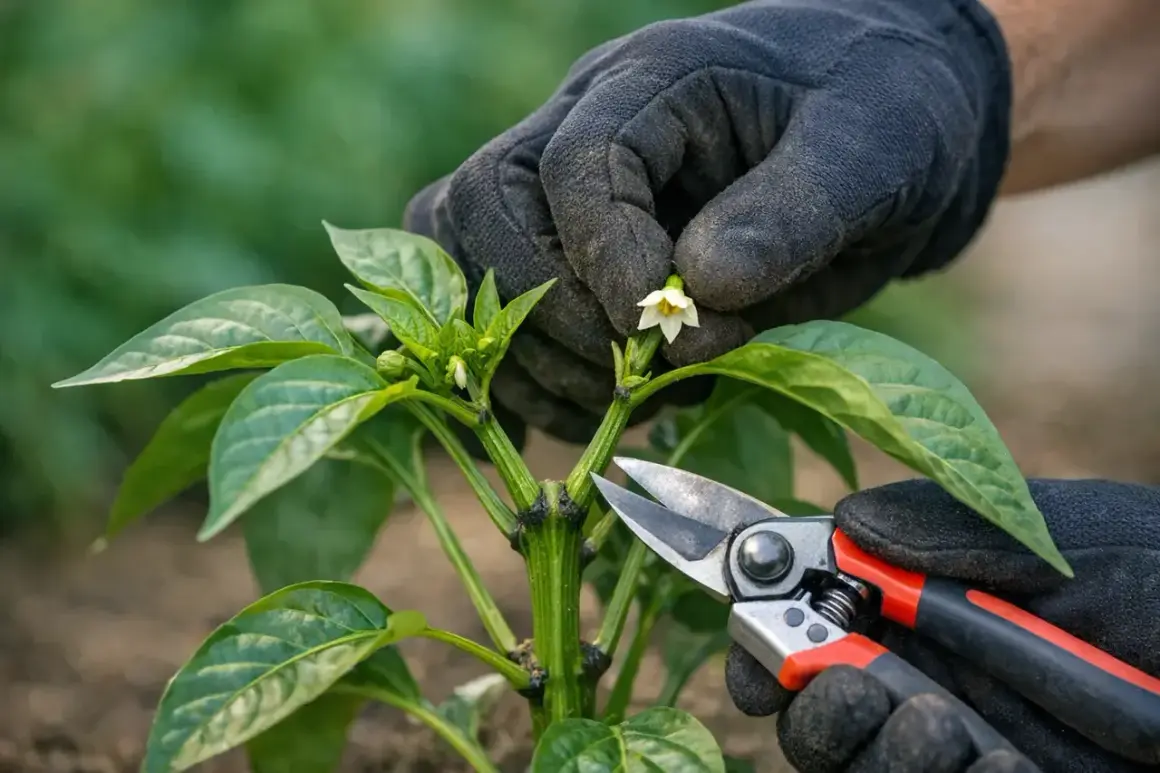 Main d'un jardinier en gant noir taillant une jeune pousse de poivron, observant la taille des poivrons pour une meilleure croissance.