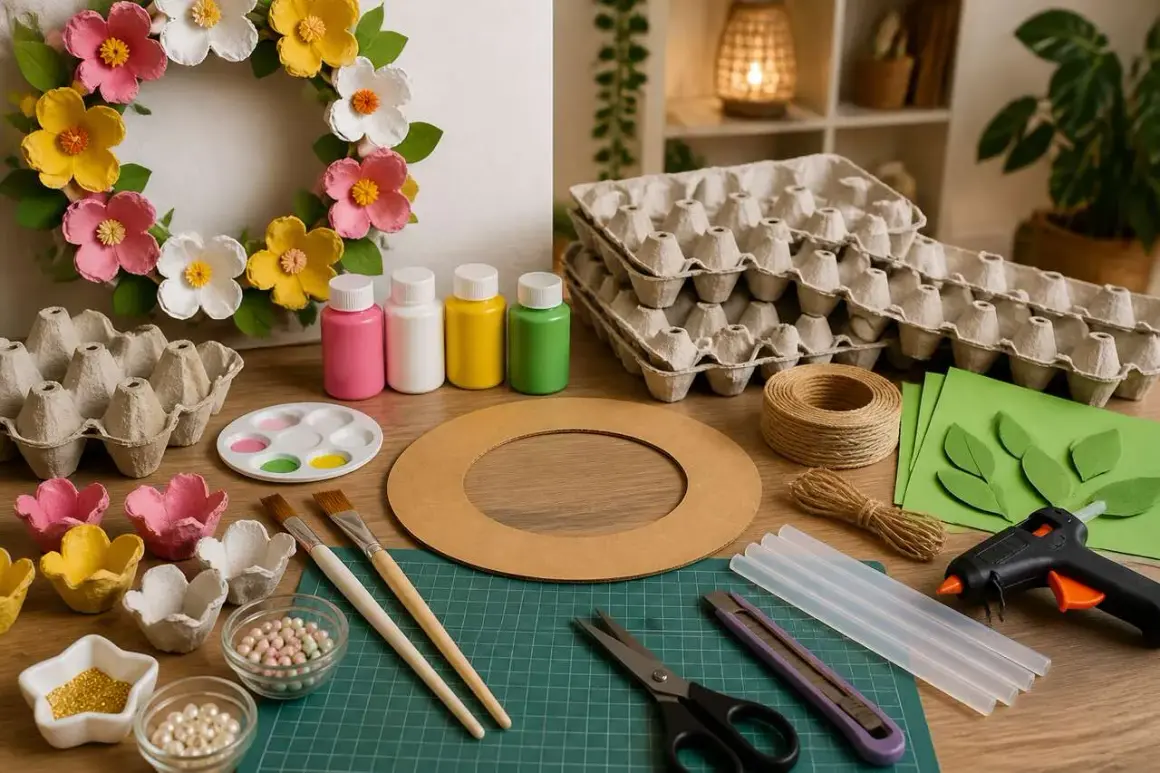 Matériel pour un diy couronne de fleurs : carton d'œufs, peinture, ciseaux, colle chaude, ficelle, et fleurs en papier.
