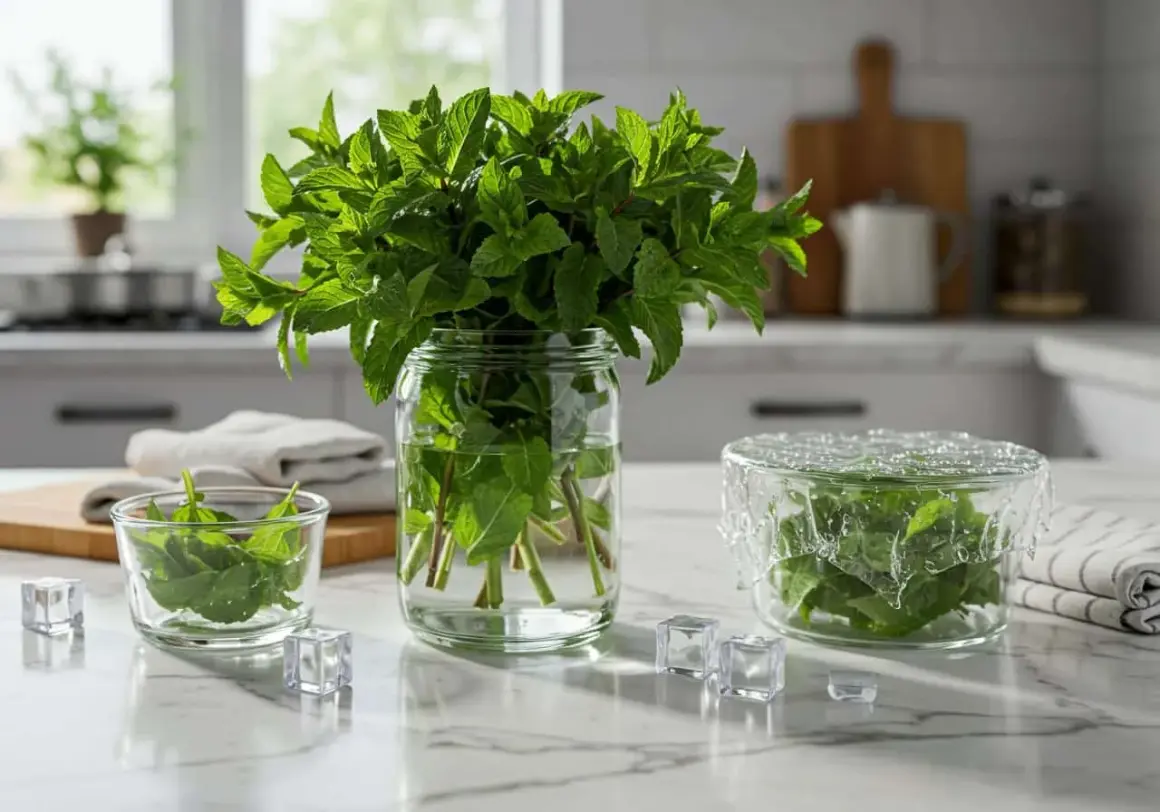 Des bouquets de menthe fraîche dans des bocaux en verre, prêts à être utilisés. Idéal pour savoir que faire avec de la menthe fraîche.
