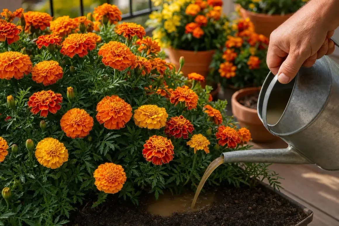 Un arrosoir verse de l'eau sur un parterre de fleurs de œillet orange vif, les faisant prospérer.
