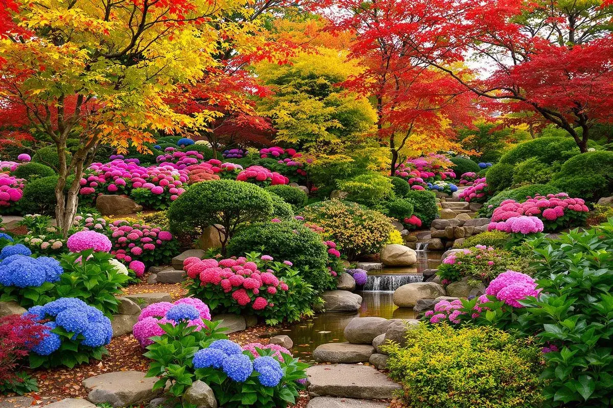 Un jardin d'automne aux couleurs vives, avec une profusion de fleurs, dont la taille des hortensias est impressionnante.