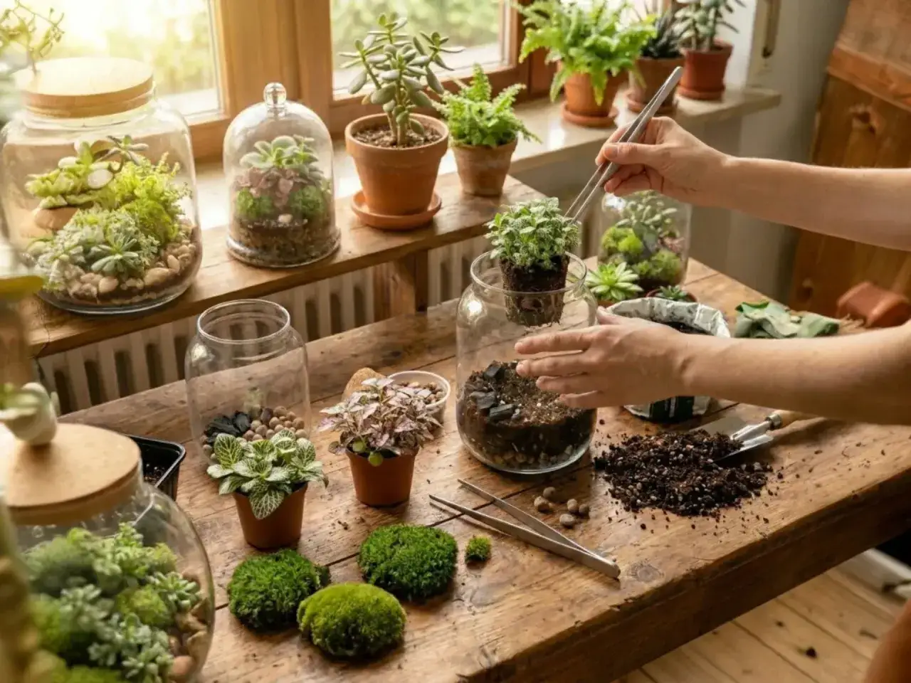 Des mains habiles utilisent une pince pour aider &agrave; faire un terrarium, pla&ccedil;ant une petite plante dans un bocal en verre rempli de terre et de cailloux.