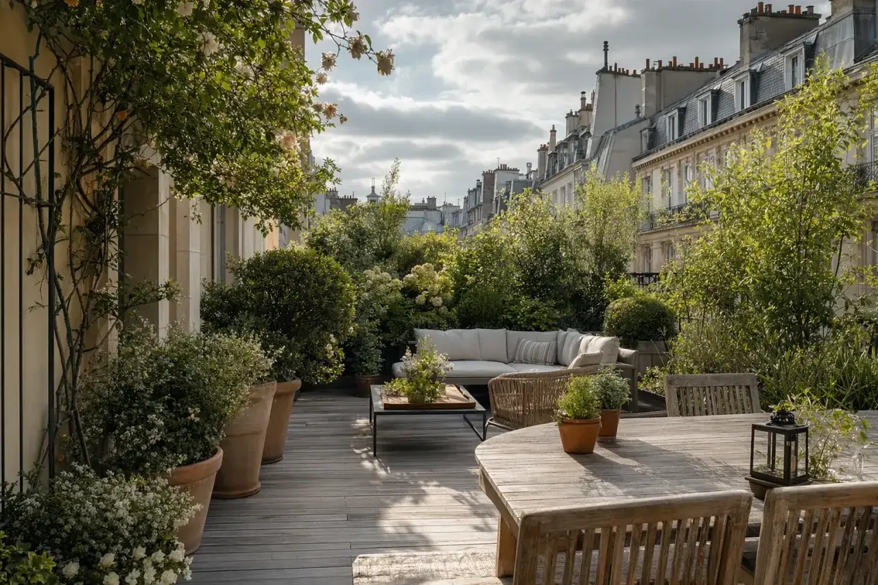 Terrasse ensoleillée avec mobilier de jardin, entourée de verdure luxuriante et de fleurs de printemps. Vue sur les toits parisiens.