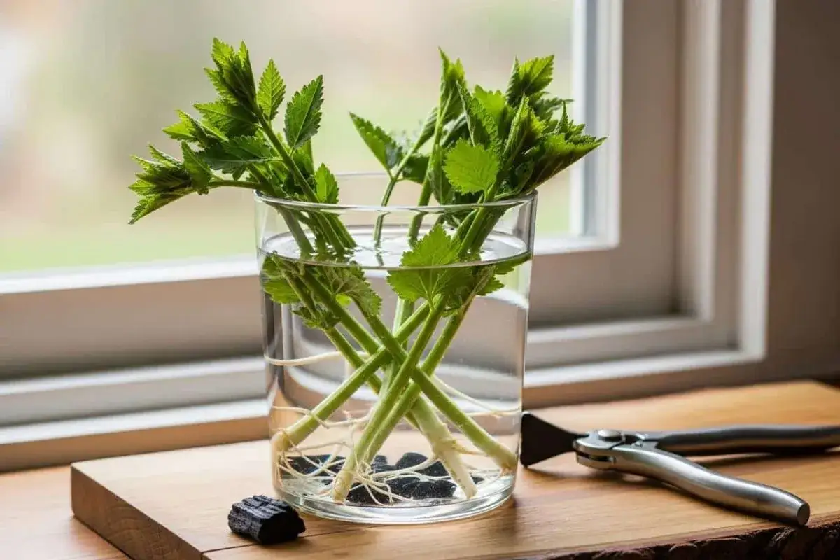 Bouturer sauge dans l'eau : des tiges vertes avec de nouvelles racines dans un verre, pr&ecirc;tes &agrave; &ecirc;tre plant&eacute;es.