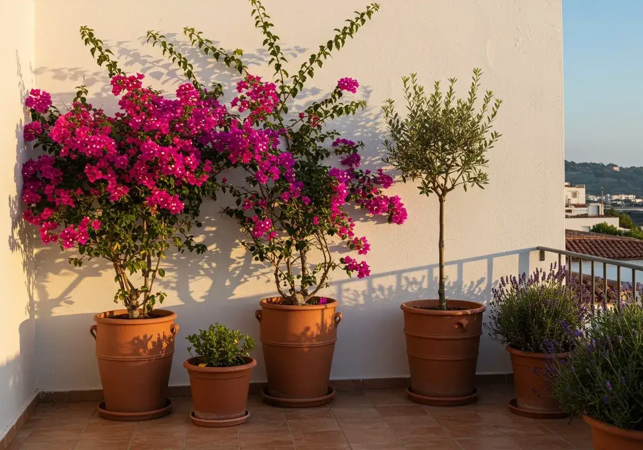 Aménager une terrasse avec pots : bougainvilliers roses éclatants, olivier élégant et lavande parfumée créent un coin de paradis.
