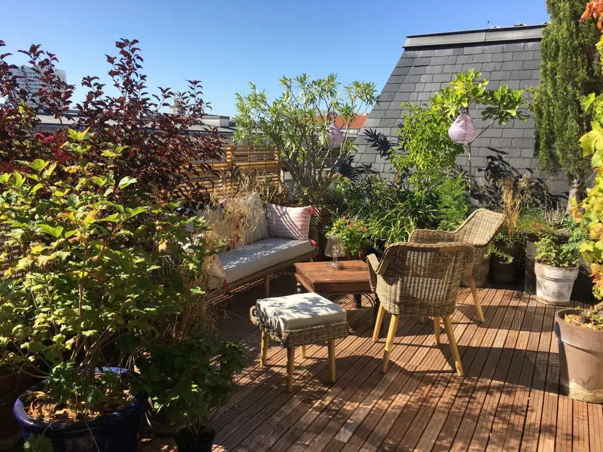 Aménagement terrasse devant maison avec mobilier en rotin, coussins douillets et végétation luxuriante pour un coin détente ensoleillé.