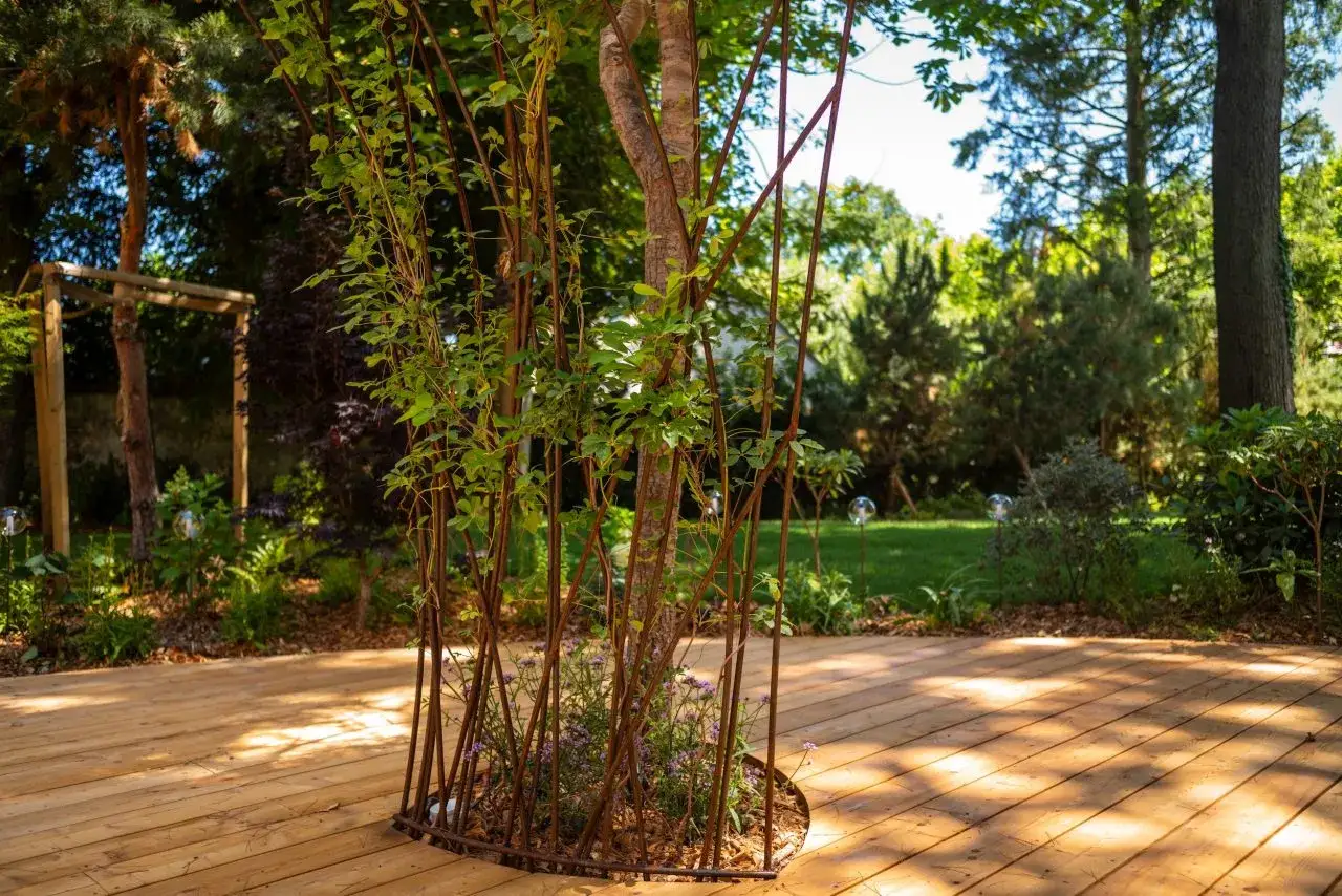 Un jardin luxuriant avec des plantes vertes d'ext&eacute;rieur, une terrasse en bois et un arbre entour&eacute; de tiges m&eacute;talliques.
