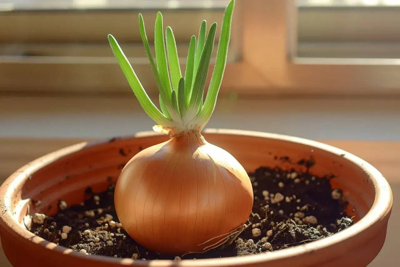 Un oignon germé dans un pot en terre cuite, ses jeunes pousses vertes se déploient vers la lumière.