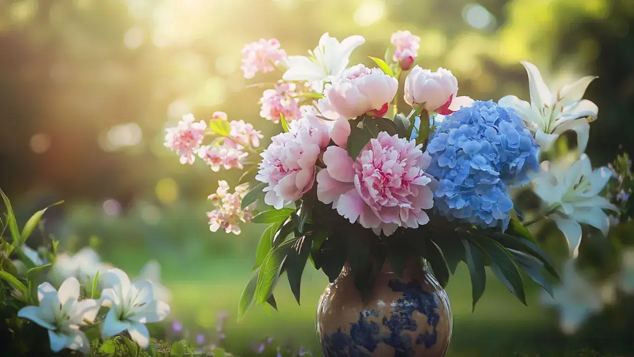 Un bouquet de pivoines roses, d'hortensias bleus et de lys blancs, une parfaite fleur de juin, baigné de soleil.